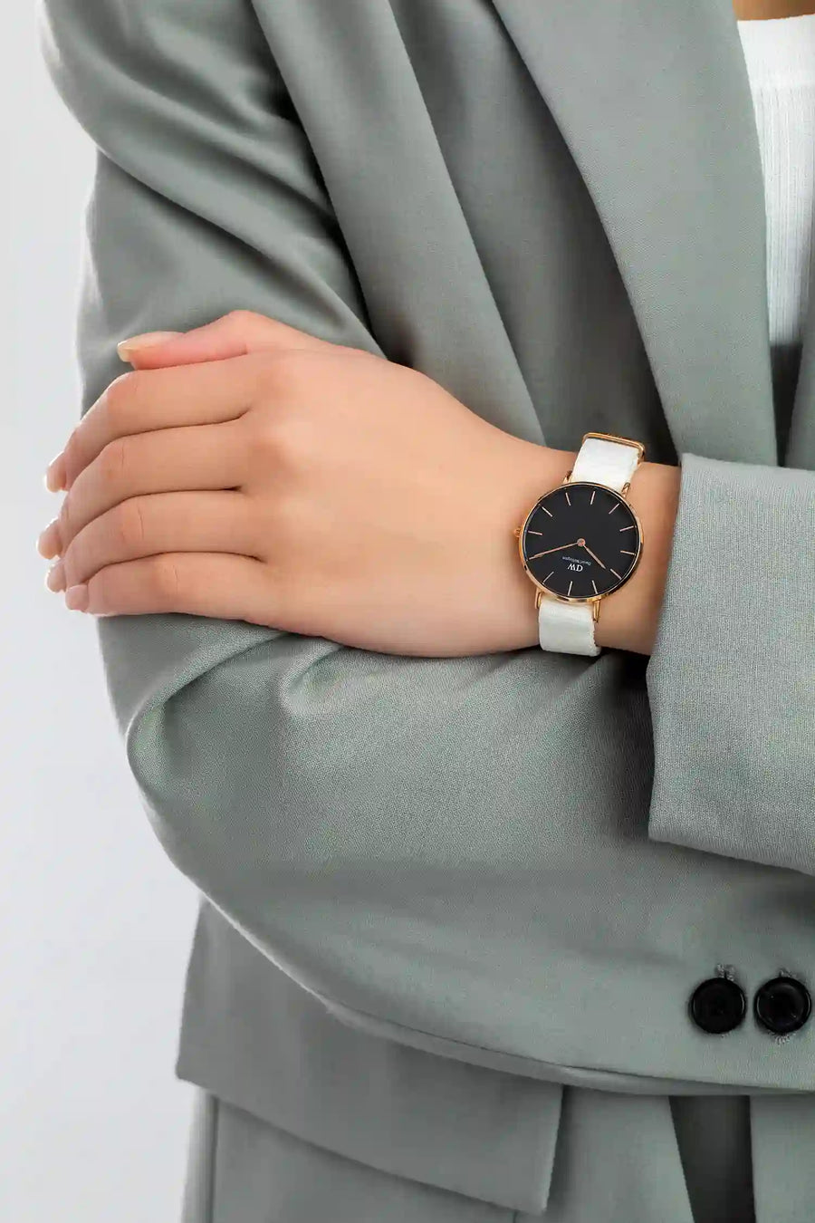 Daniel Wellington Classic Petite Dover Black Dial White NATO Strap Watch For Women - DW00100312