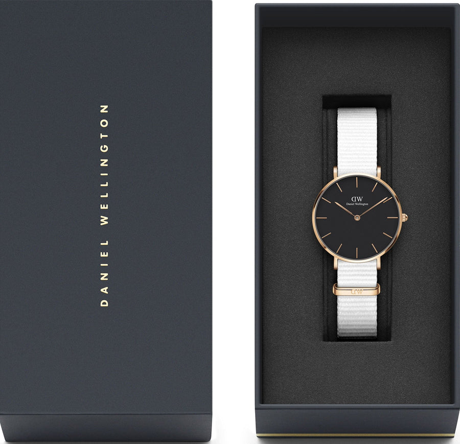 Daniel Wellington Classic Petite Dover Black Dial White NATO Strap Watch For Women - DW00100312