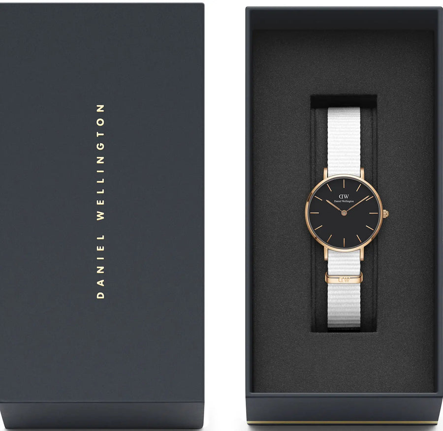Daniel Wellington Classic Petite Dover Black Dial White NATO Strap Watch For Women - DW00100314