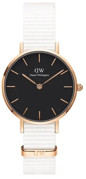 Daniel Wellington Classic Petite Dover Black Dial White NATO Strap Watch For Women - DW00100314