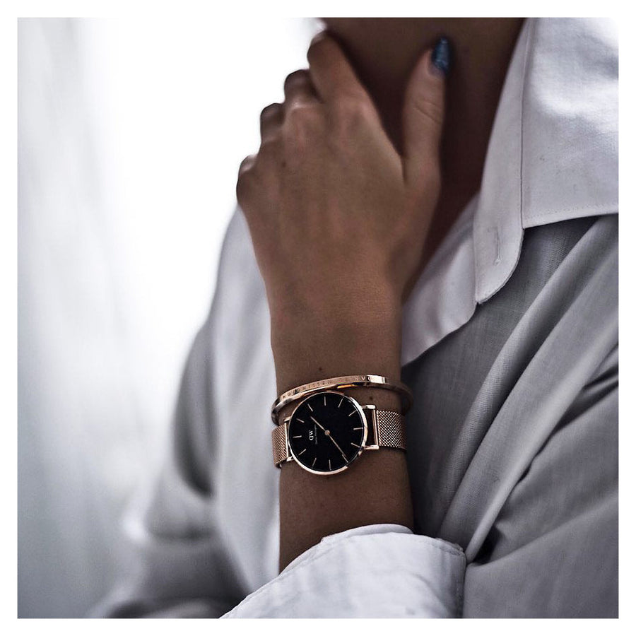 Daniel Wellington Classic Petite Melrose Black Dial Rose Gold Mesh Bracelet Watch For Women - DW00100217