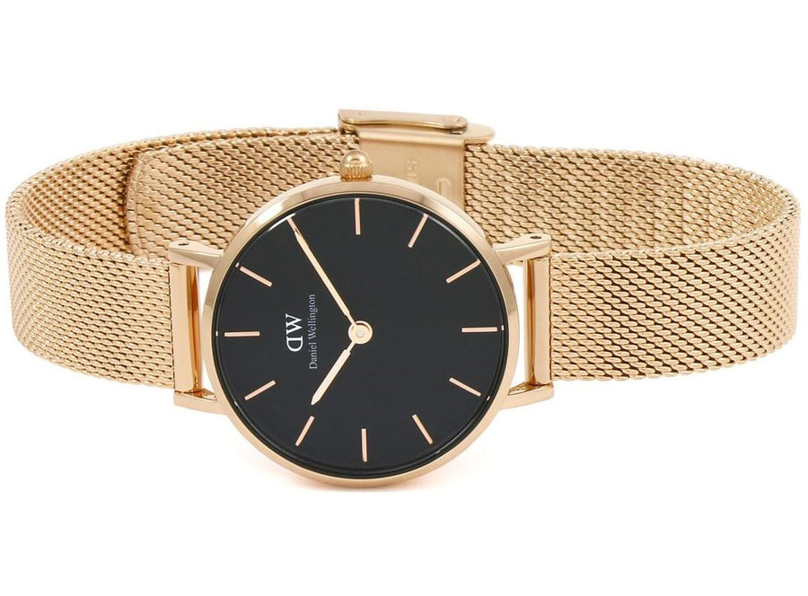 Daniel Wellington Classic Petite Melrose Black Dial Rose Gold Mesh Bracelet Watch For Women - DW00100217