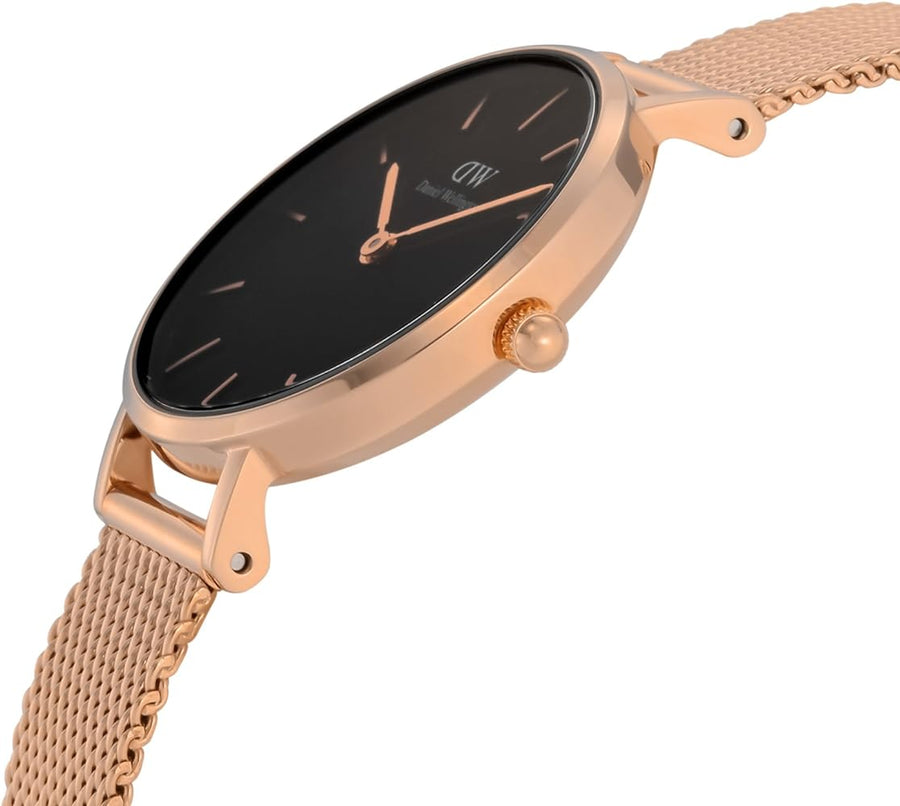 Daniel Wellington Classic Petite Melrose Black Dial Rose Gold Mesh Bracelet Watch For Women - DW00100217