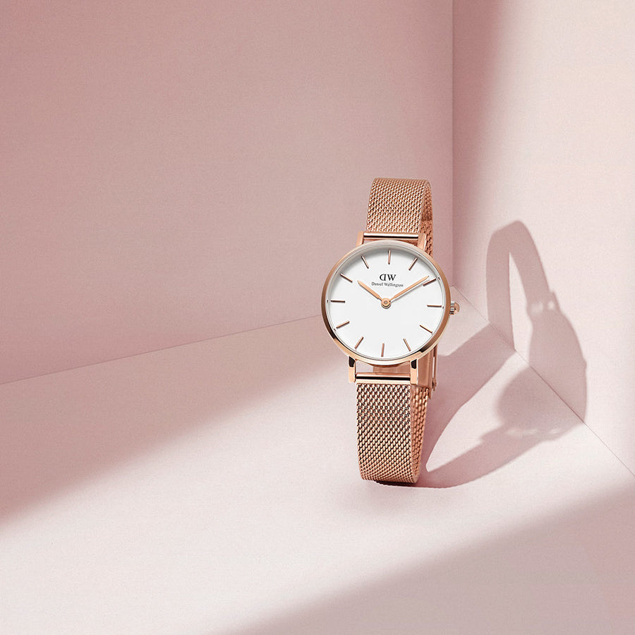 Daniel Wellington Classic Petite Melrose White Dial Rose Gold Mesh Bracelet Watch For Women - DW00100163