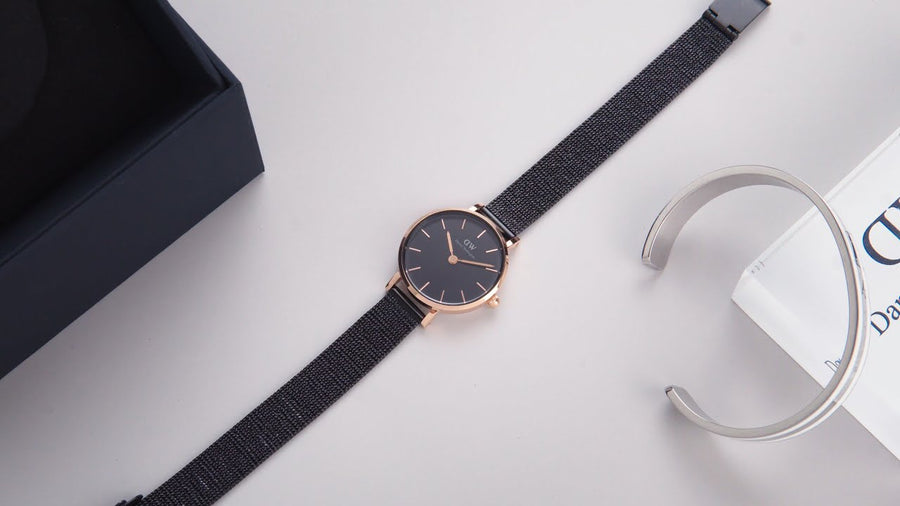 Daniel Wellington Classic Petite Pressed Ashfield Black Dial Black Mesh Bracelet Watch For Women - DW00100441