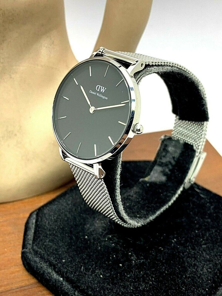 Daniel Wellington Classic Petite Sterling Black Dial Silver Mesh Bracelet Watch For Women - DW00100162