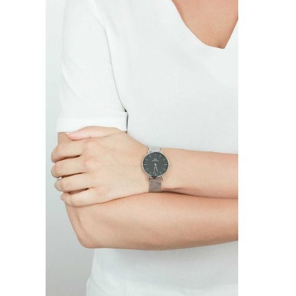 Daniel Wellington Classic Petite Sterling Black Dial Silver Mesh Bracelet Watch For Women - DW00100162
