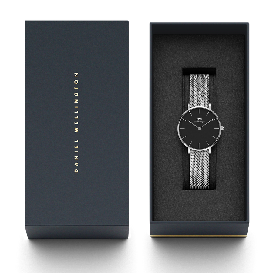 Daniel Wellington Classic Petite Sterling Black Dial Silver Mesh Bracelet Watch For Women - DW00100162