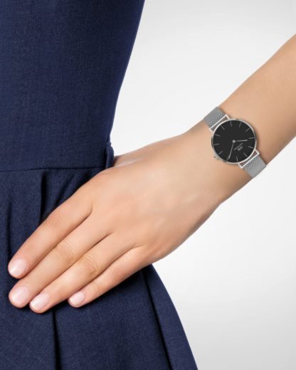 Daniel Wellington Classic Petite Sterling Black Dial Silver Mesh Bracelet Watch For Women - DW00100162