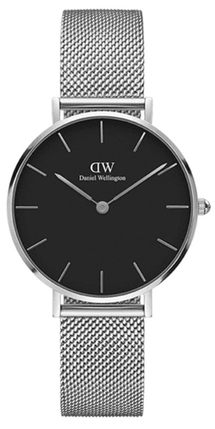 Daniel Wellington Classic Petite Sterling Black Dial Silver Mesh Bracelet Watch For Women - DW00100162