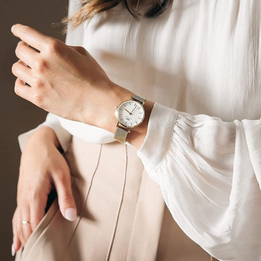 Daniel Wellington Classic Petite White Dial Gold Mesh Bracelet Watch For Women - DW00100348