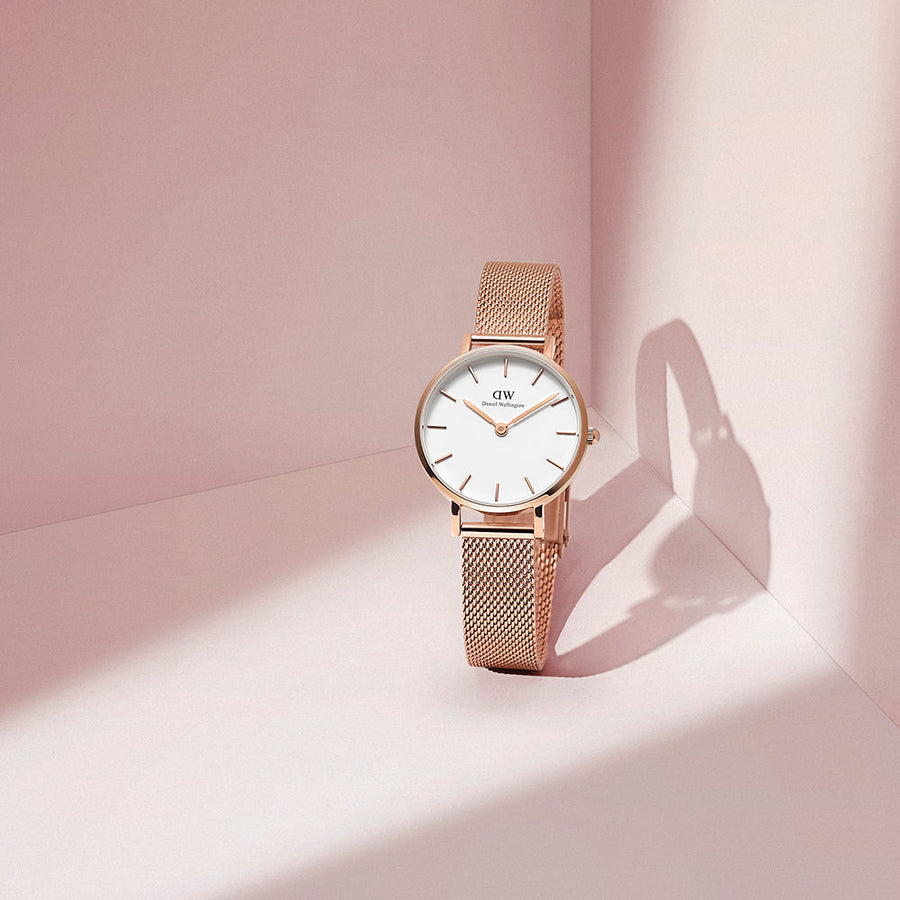 Daniel Wellington Classic Petite White Dial Rose Gold Mesh Bracelet Watch For Women - DW00100219