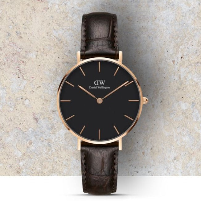 Daniel Wellington Classic Petite York Black Dial Brown Leather Strap Watch For Women - DW00100170
