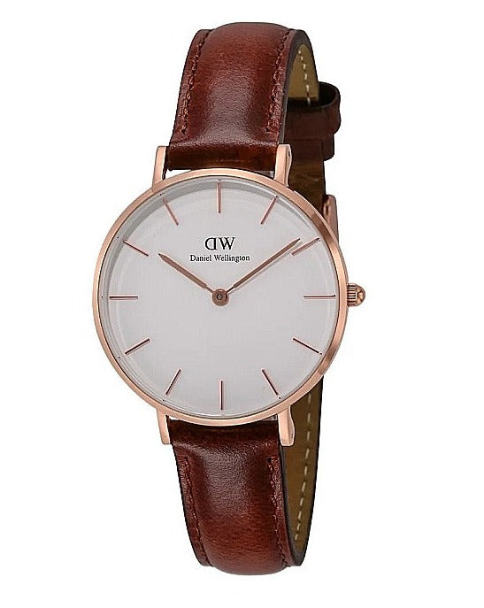 Daniel Wellington Classic Petite York White Dial Brown Leather Strap Watch For Women - DW00100176