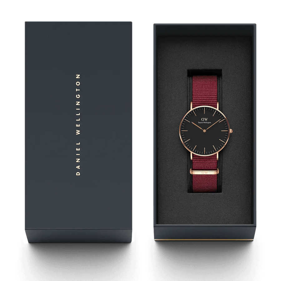 Daniel Wellington Classic Roselyn Black Dial Maroon Nylon Strap Watch For Women - DW00100273