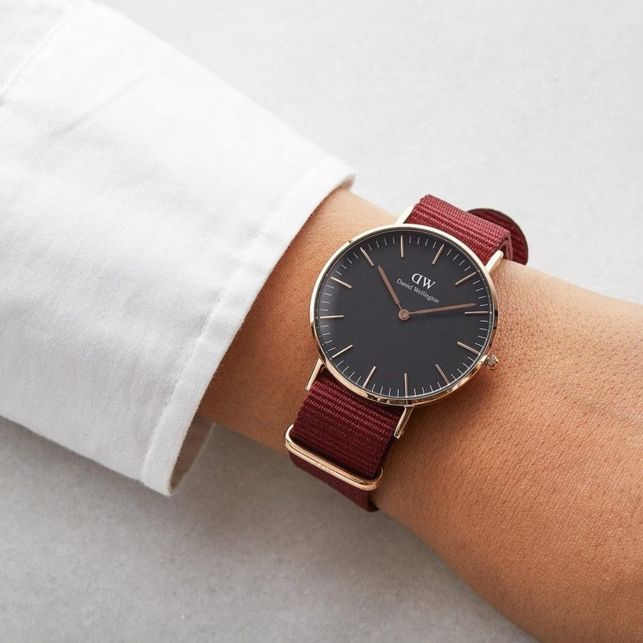 Daniel Wellington Classic Roselyn Black Dial Maroon Nylon Strap Watch For Women - DW00100273