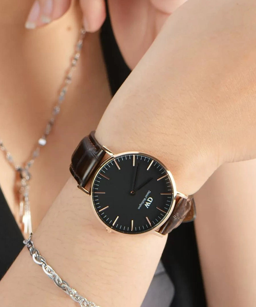 Daniel Wellington Classic York Black Dial Brown Leather Strap Watch For Women - DW00100140