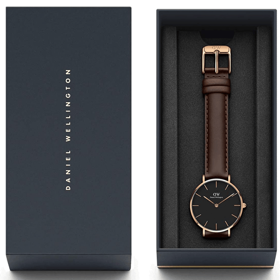 Daniel Wellington Classic York Black Dial Brown Leather Strap Watch For Women - DW00100140