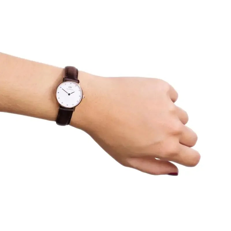 Daniel Wellington Classy Bristol White Dial Brown Leather Strap Watch For Women - DW00100070