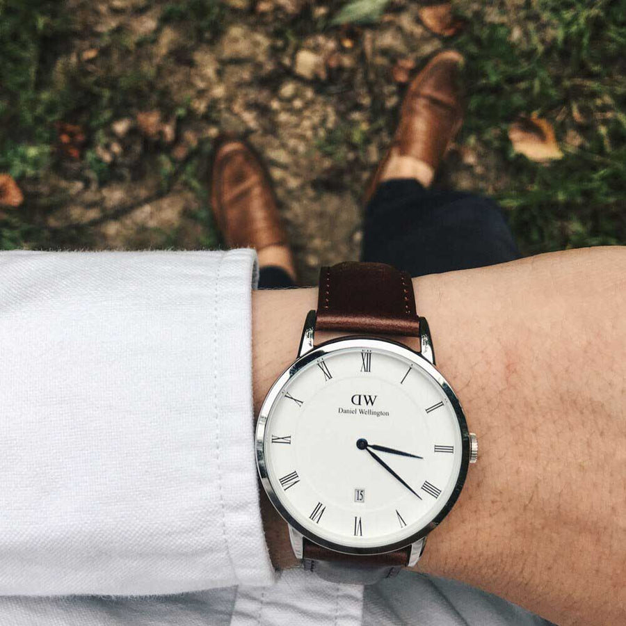 Daniel Wellington Dapper Bristol White Dial Brown Leather Strap Watch For Women - DW00100090