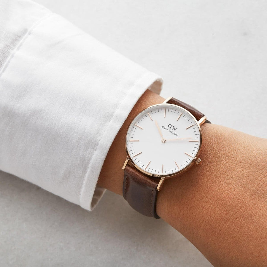 Daniel Wellington Dapper Bristol White Dial Brown Leather Strap Watch For Women - DW00100090
