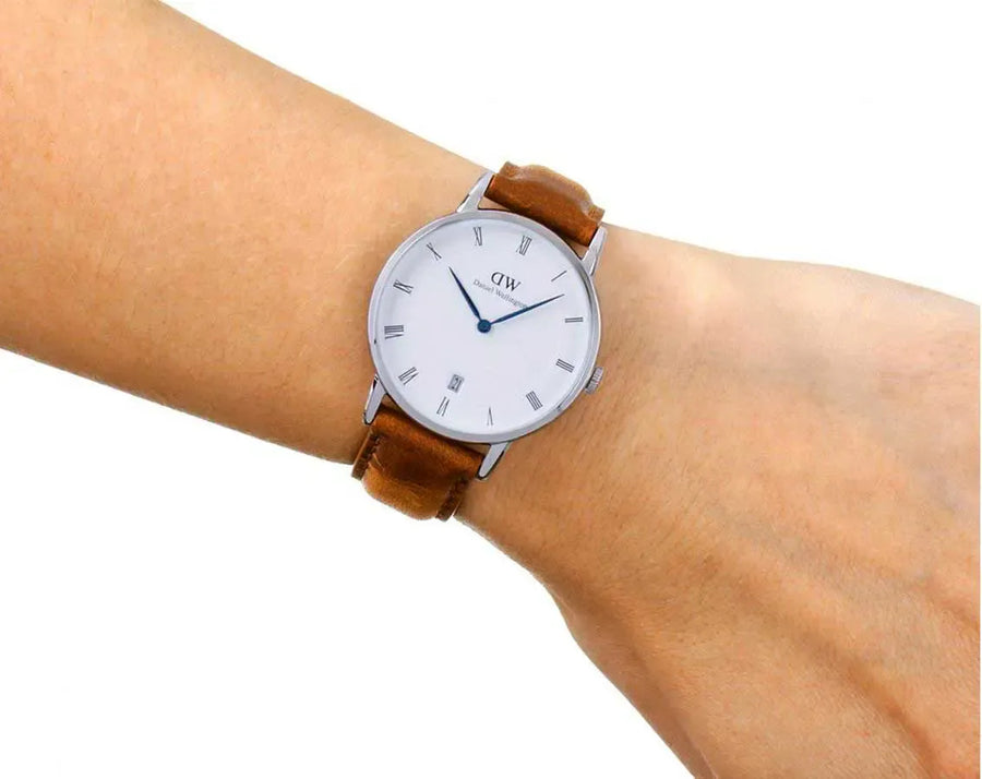 Daniel Wellington Dapper Durham Analog White Dial Brown Leather Strap Watch For Women - DW00100114