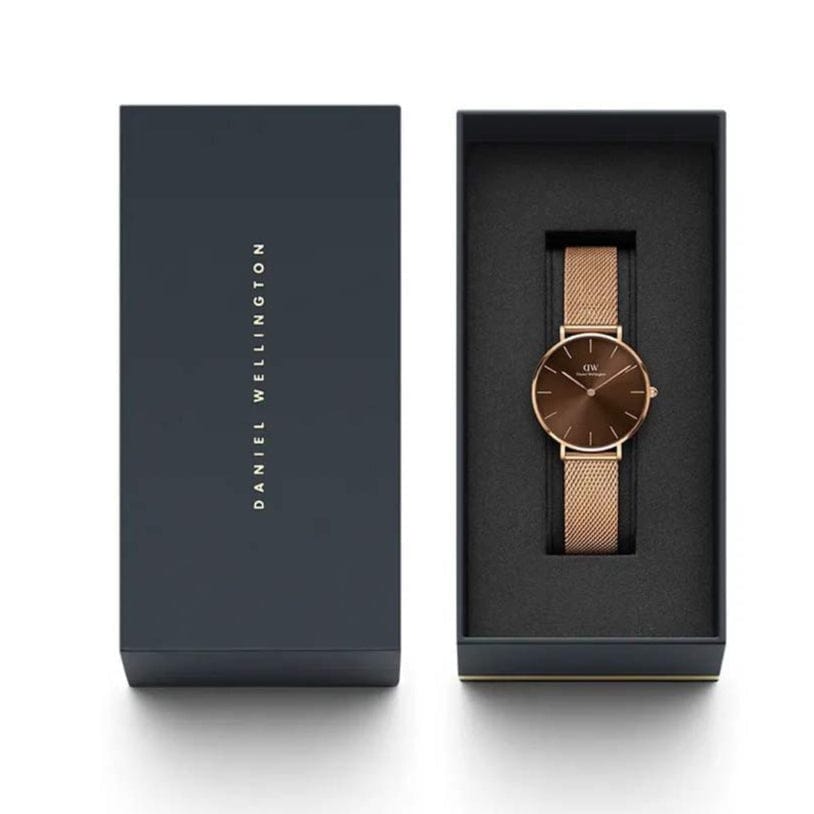 Daniel Wellington Petite Melrose Brown Dial Rose Gold Mesh Strap Watch For Women - DW00100477