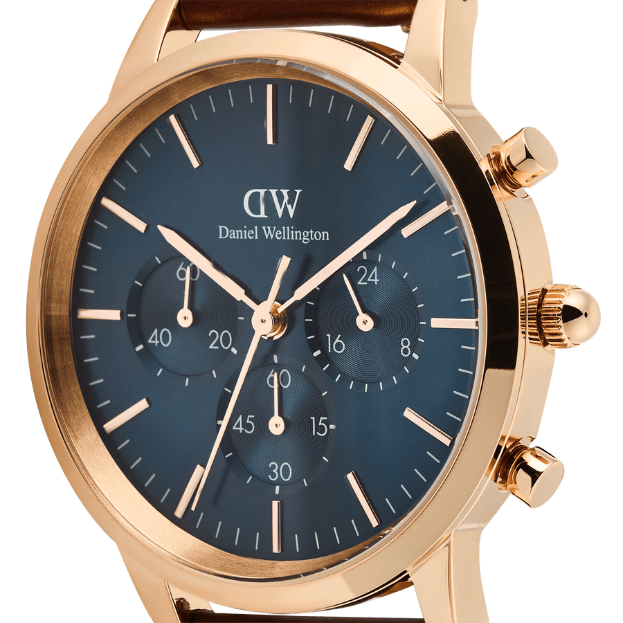 Daniel Wellington Iconic Chronograph Blue Dial Brown Leather Strap Watch For Men - DW00100639