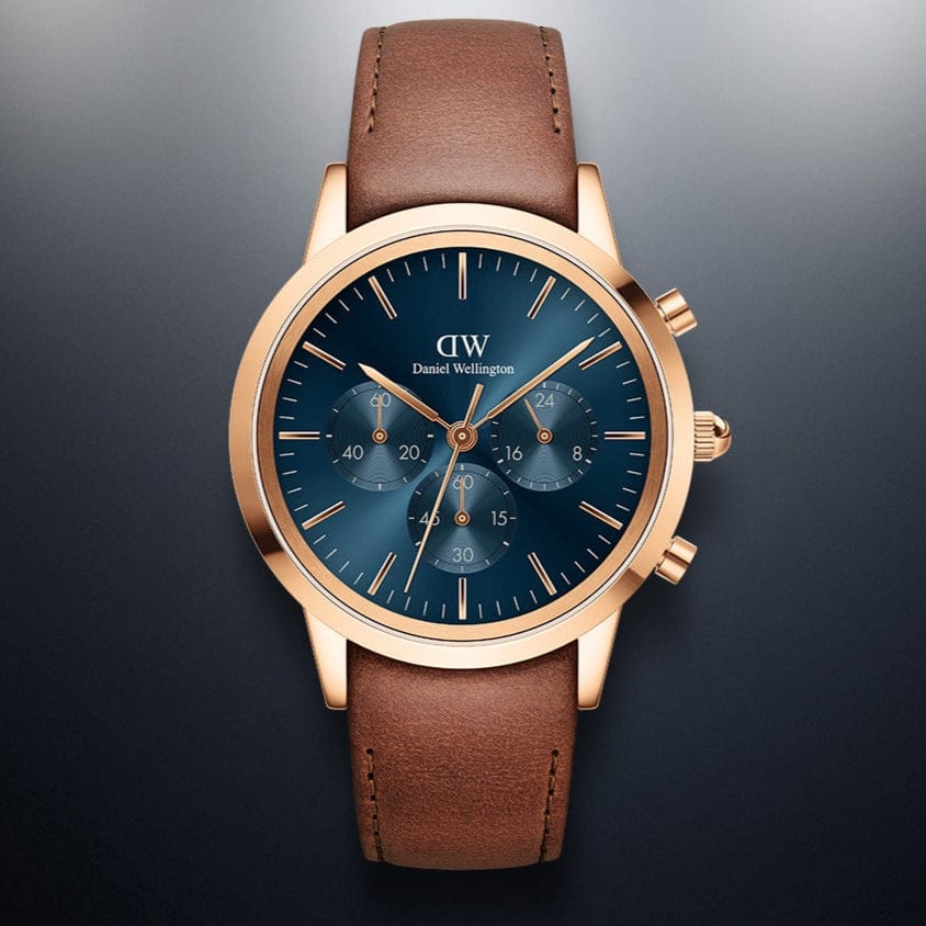 Daniel Wellington Iconic Chronograph Blue Dial Brown Leather Strap Watch For Men - DW00100639