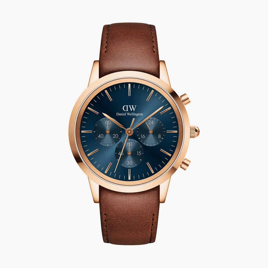Daniel Wellington Iconic Chronograph Blue Dial Brown Leather Strap Watch For Men - DW00100639