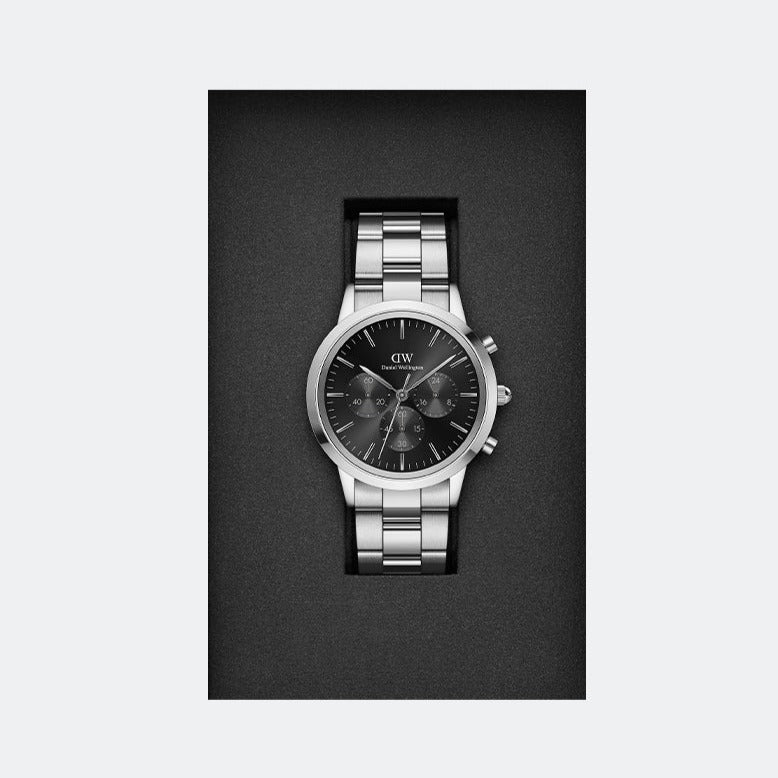 Daniel Wellington Iconic Chronograph Link Black Dial Silver Steel Strap Watch For Men  - DW00100645