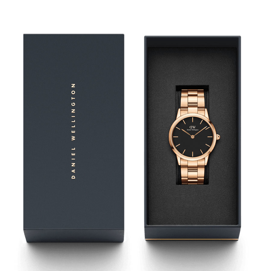 Daniel Wellington Iconic Link Black Dial Rose Gold Steel Strap Watch For Men - DW00100344