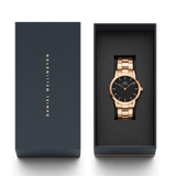 Daniel Wellington Iconic Link Black Dial Rose Gold Steel Strap Watch For Men - DW00100344
