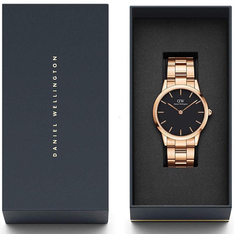 Daniel Wellington Iconic Link Black Dial Rose Gold Steel Strap Watch For Men - DW00100344