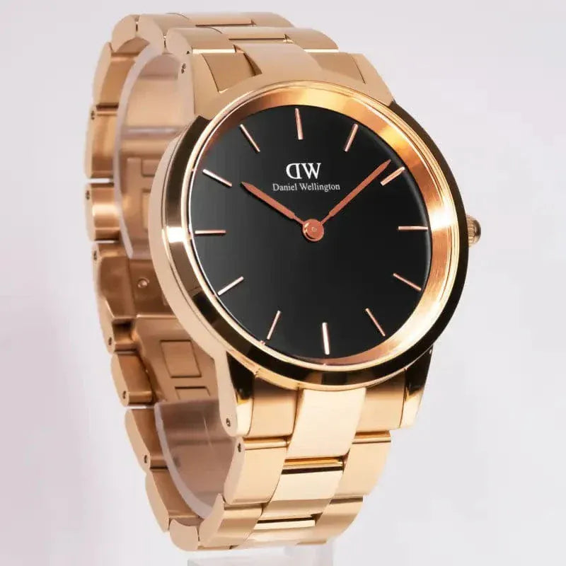 Daniel Wellington Iconic Link Black Dial Rose Gold Steel Strap Watch For Men - DW00100344