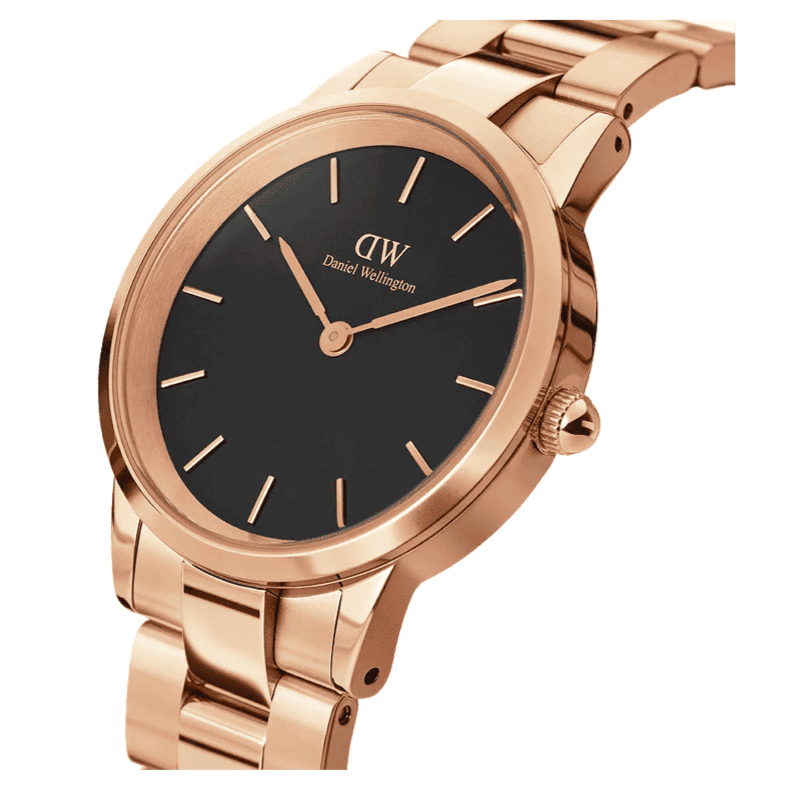 Daniel Wellington Iconic Link Black Dial Rose Gold Steel Strap Watch For Men - DW00100344
