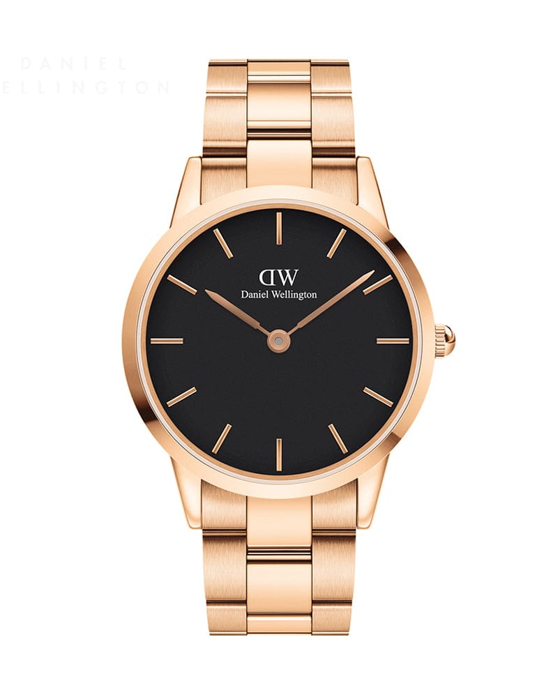 Daniel Wellington Iconic Link Black Dial Rose Gold Steel Strap Watch For Men - DW00100344