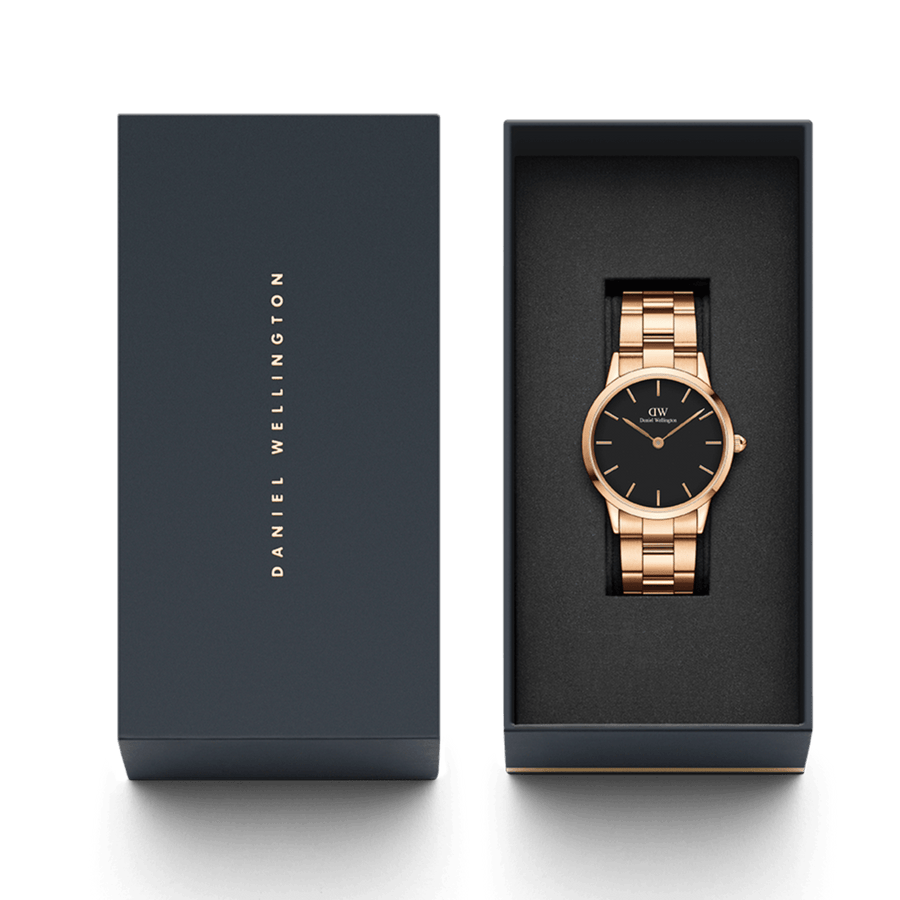 Daniel Wellington Iconic Link Black Dial Rose Gold Steel Strap Watch for Women - DW00100210