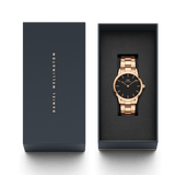 Daniel Wellington Iconic Link Black Dial Rose Gold Steel Strap Watch for Women - DW00100210
