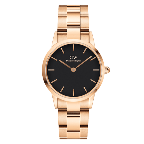 Daniel Wellington Iconic Link Black Dial Rose Gold Steel Strap Watch for Women - DW00100210