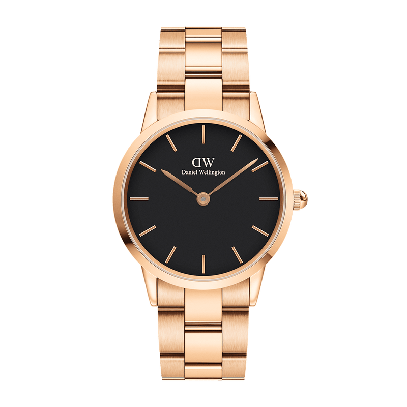 Daniel Wellington Iconic Link Black Dial Rose Gold Steel Strap Watch for Women - DW00100210