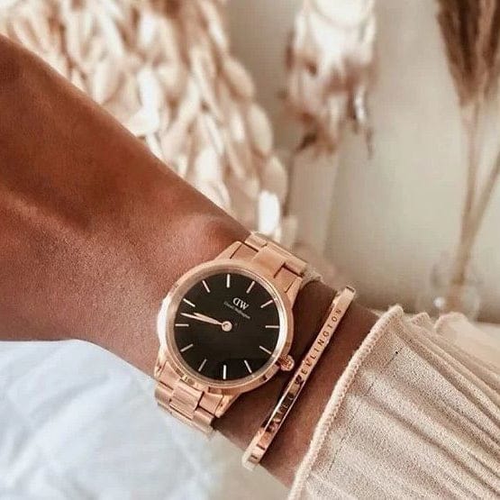 Daniel Wellington Iconic Link Black Dial Rose Gold Steel Strap Watch for Women - DW00100212