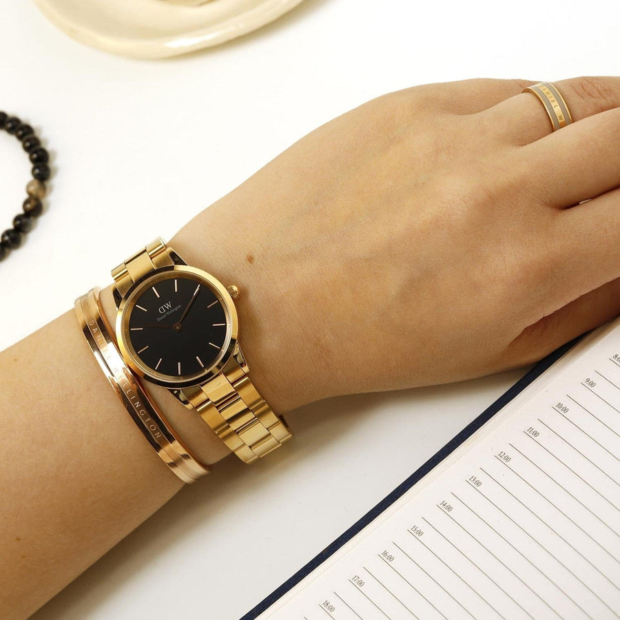 Daniel Wellington Iconic Link Black Dial Rose Gold Steel Strap Watch for Women - DW00100212
