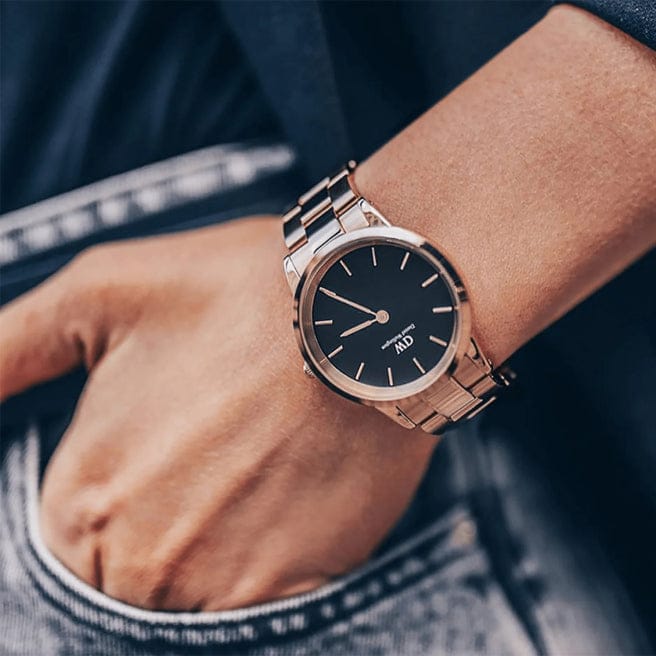 Daniel Wellington Iconic Link Black Dial Rose Gold Steel Strap Watch for Women - DW00100212