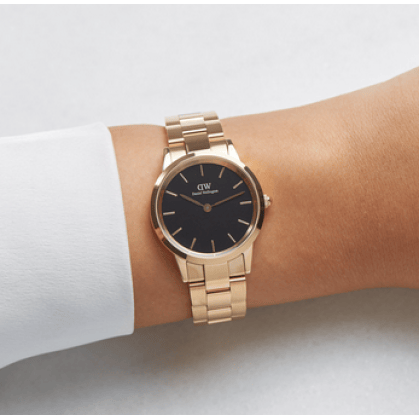 Daniel Wellington Iconic Link Black Dial Rose Gold Steel Strap Watch for Women - DW00100212
