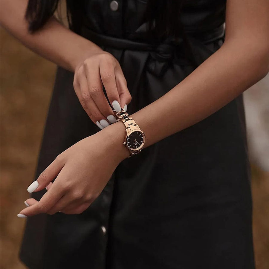 Daniel Wellington Iconic Link Black Dial Rose Gold Steel Strap Watch for Women - DW00100212