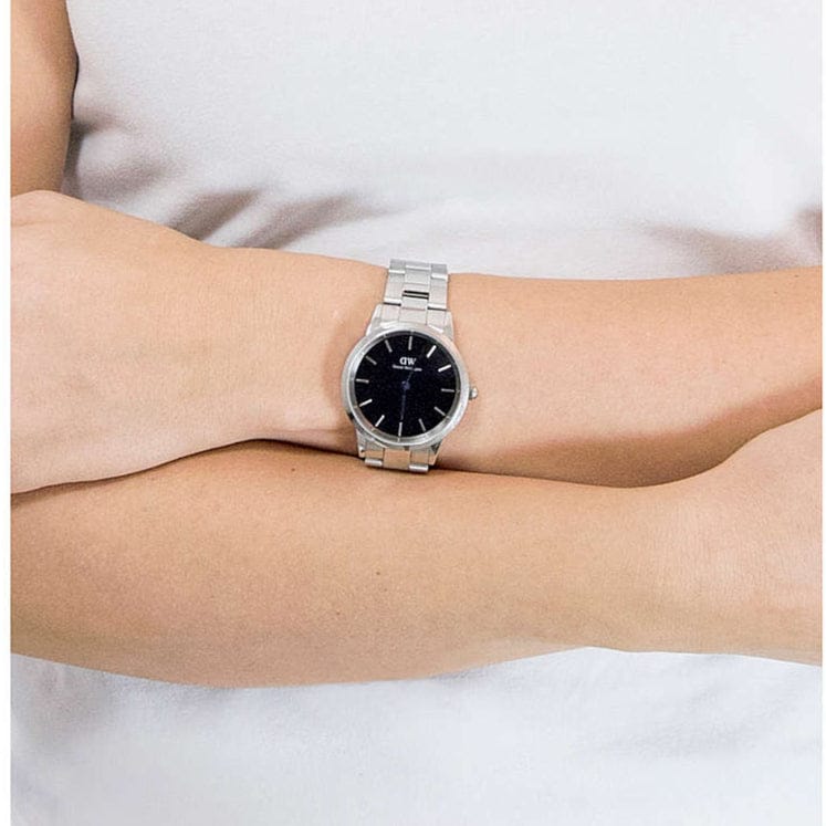Daniel Wellington Iconic Link Black Dial Silver Steel Strap Watch for Women - DW00100204