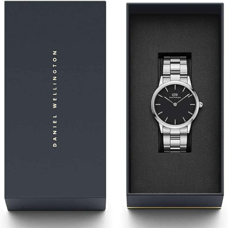 Daniel Wellington Iconic Link Black Dial Silver Steel Strap Watch for Women - DW00100204