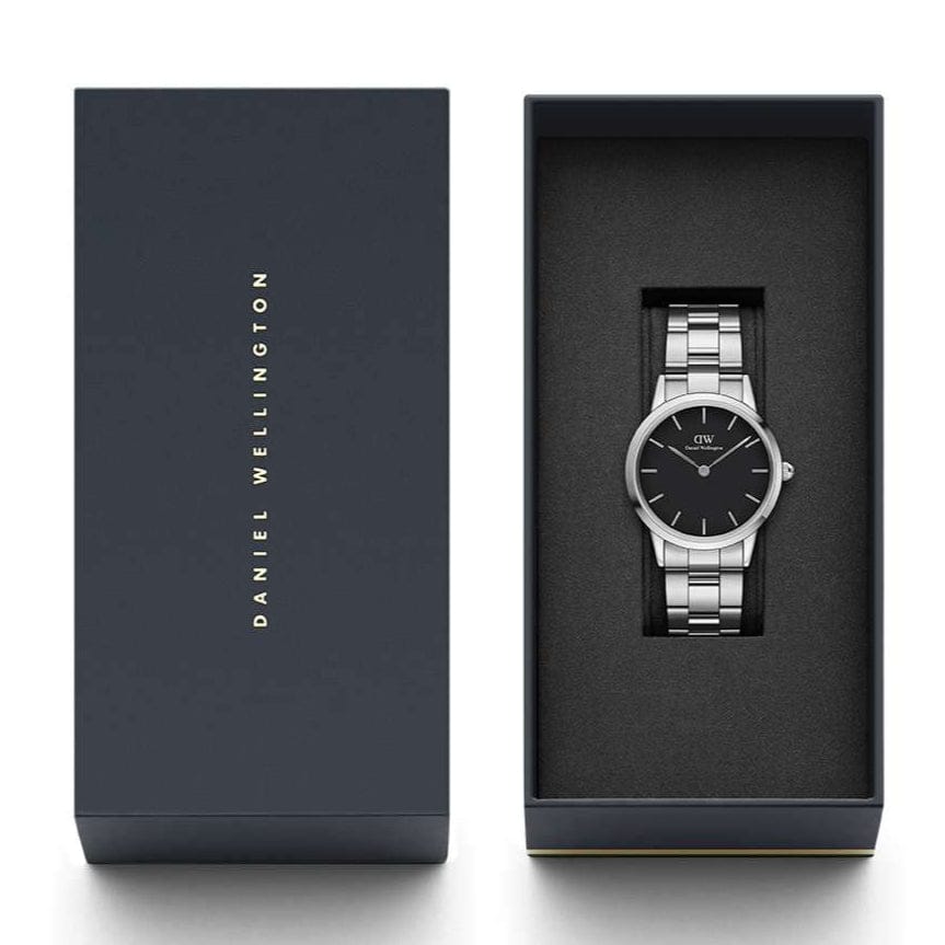 Daniel Wellington Iconic Link Black Dial Silver Steel Strap Watch For Women - DW00100206
