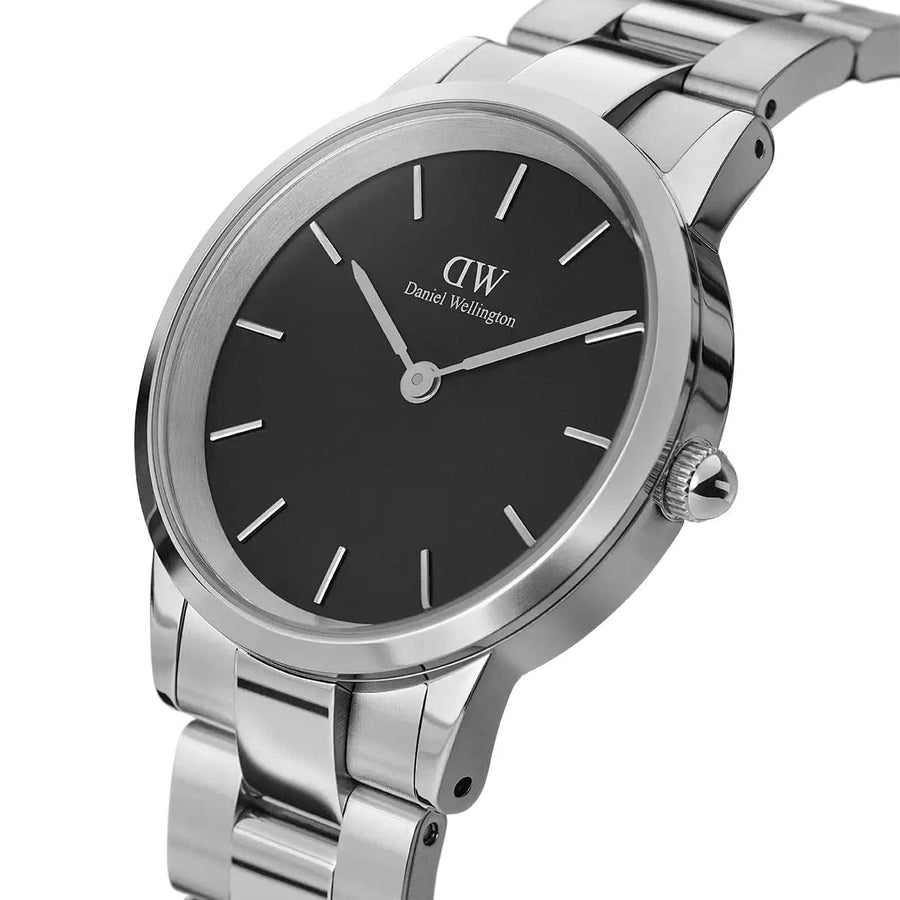Daniel Wellington Iconic Link Black Dial Silver Steel Strap Watch For Women - DW00100206